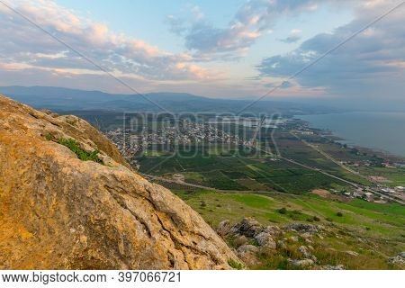 Sunrise View Of The North Part Of The Sea Of Galilee, And The Village Migdal, From Mount Arbel. Nort