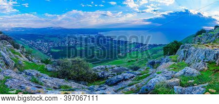 Panoramic Morning View Of The North Part Of The Sea Of Galilee, And The Village Migdal, From Mount A