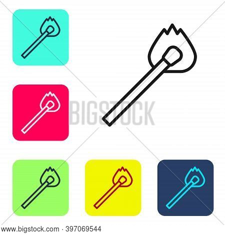 Black Line Burning Match With Fire Icon Isolated On White Background. Match With Fire. Matches Sign.