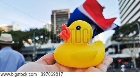 Brisbane, Australia - November 29, 2020: Yellow Rubber Duck Represents A Sympbol Of Innocent People 