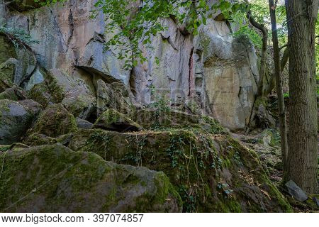 An Overgrown Stage In Front Of Rock Wall In A Forest.