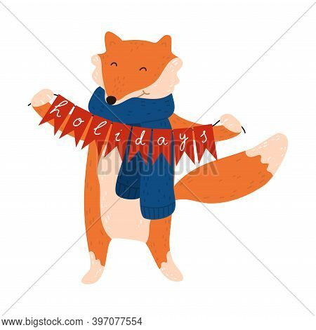 Fox In Christmas Comfortable Cozy Blue Scarf Holding Sign With Holidays Lettering