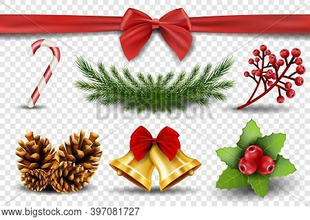 Set Of Decorative Elements Merry Christmas. Candy Cane, Spruce Branch, Rowan, Golden Bells, Cones, R