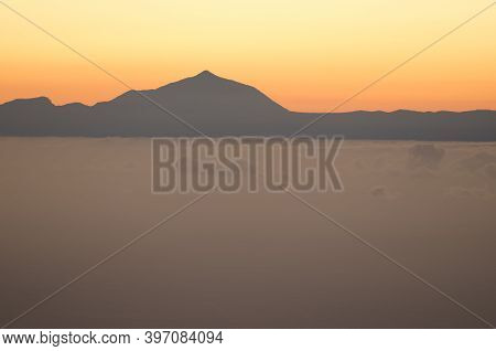 Island Of Tenerife And Teide Peak At Sunset From Gran Canaria. Canary Islands. Spain.