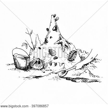 Sand Castle On The Beach Made By A Kid, Ink Drawing