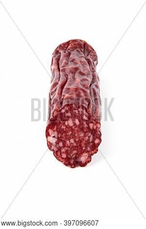 Salami Smoked Sausage Piece Isolated On White Background. Salami, Salami Smoked Sausage. Smoked Meat