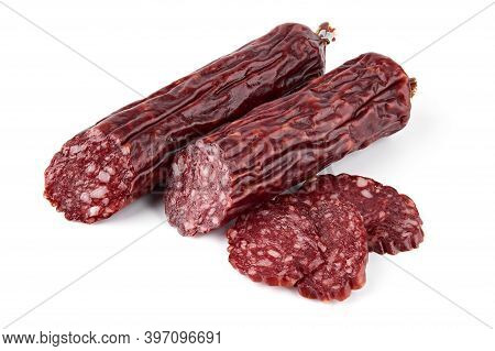 Salami Smoked Sausage Piece Isolated On White Background. Salami, Salami Smoked Sausage. Smoked Meat