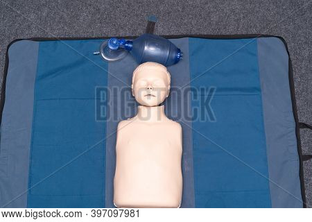 Cpr Training Medical Procedure. Demonstrating Chest Compressions On Cpr Doll In The Class.