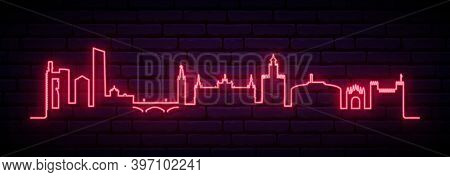Red Neon Skyline Of Sevilla. Bright Sevilla City Long Banner. Vector Illustration.