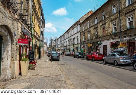 Krakow, Poland - July 29th 2018: Józefa Street In The Jewish Quarter, Kazimierz, Krakow, Poland