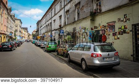Krakow, Poland - July 29th 2018: Wall Art On Józefa Street In The Jewish Quarter, Kazimierz, Krakow,