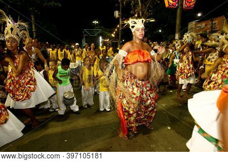Ilheus, Bahia, Brazil - February 21, 2012: Members Of The Afro Guerreiro De Zulu Block Are Seen Duri