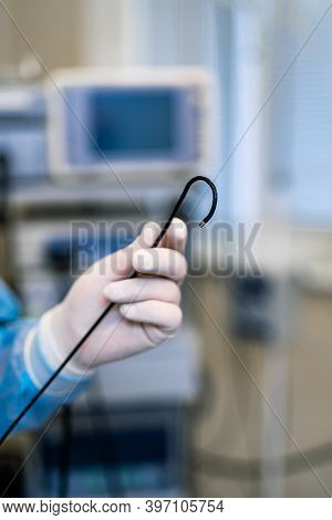 Monitoring Gastrointestinal Endoscope In Clinic. Closeup. Modern Equipment In Clinic.