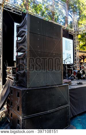 Professional Musical Sound Dynamics Of Large Size. Big Speakers On Concert.
