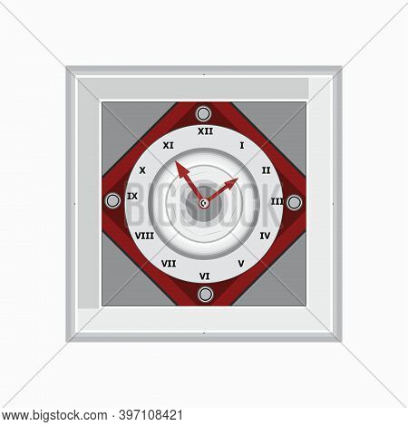 Clock On A White Background. Square Shape, Roman Numeral, Wall Clock, Vector Graphic Design