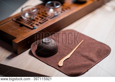 Bamboo Tea Needle, Cup, Towel And Gongfu Tray. Tools For Tea Ceremony Close-up With Copy Space