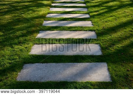 Concrete Path Lawn Pedal Rectangular Shape In Regular Grid Routed Directly Through Beautiful Lawn Su