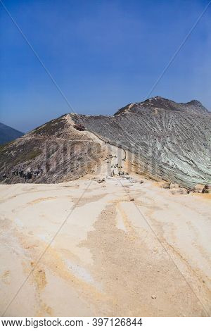 Stunning Panoramic View Of The Ijen Volcano Complex With Mountains. The Ijen Volcano Complex Is A Gr
