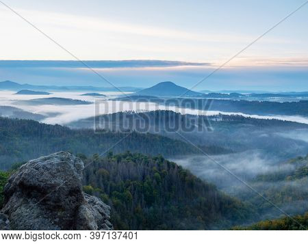 Dark Green Mountain Forest Landscape. Foggy Mountain Forest In Valley. Fantastic Misty Landscape In 