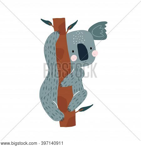 Cute Koala Hanging On A Tree. Cartoon Koala Bear Charachter Vector Illustration .ready Design For Gr