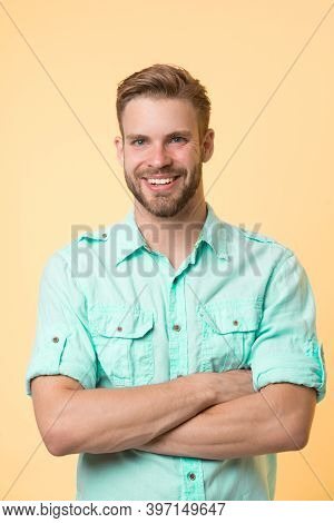 Cheerful Consultant. Man Smiling Face Posing Confidently With Folded Arms Yellow Background. Man Sho