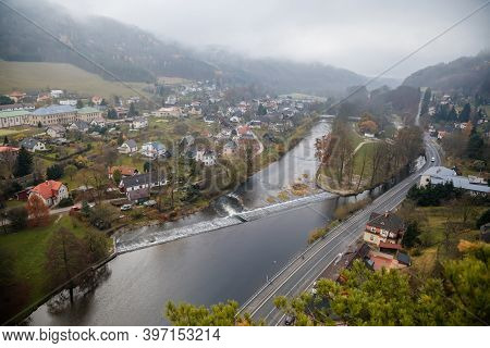 Viewpoint Above Jizera Valley In Sandstone Landscape Vranov, Picturesque Small Town Mala Skala Near 