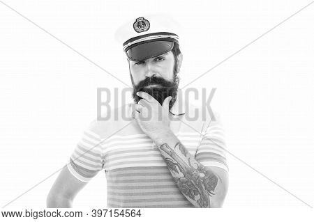 Man Born To Sail. Bearded Man Isolated On White. Sailor Man In Striped Blue. Naval Man In Peaked Cap