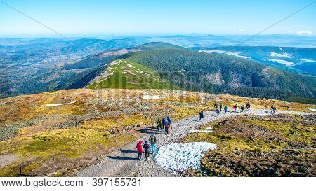 Snezka, Giant Mountains - October 12, 2019: Tourists Hiking In Giant Mountains, Czech: Krkonose. Vie