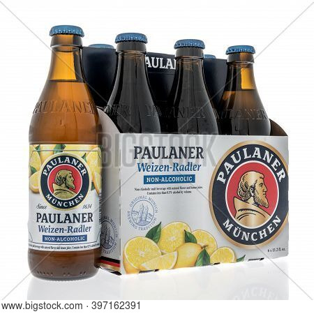 Winneconne, Wi -26 November 2020:  A Six Pack Of Pualaner Weisen Radler Non Alcoholic Beer On An Iso
