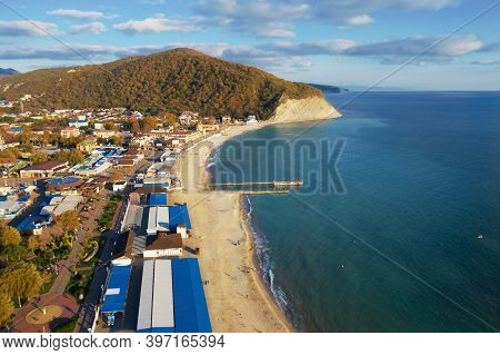 Beautiful Aerial View Of Arkhipo-osipovka Beach And Coastline With Mountains And Sea, Black Sea Coas