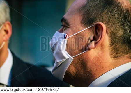 Reims France November 28, 2020 View Of Jean Castex, Prime Minister Of The French Government Who Atte
