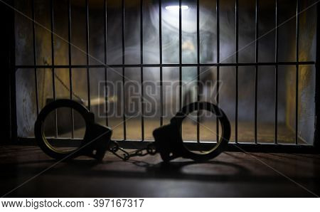 Jail Or Prison Cell. Man In Prison Man Behind Bars Concept. Old Dirty Grunge Prison Miniature. Dark