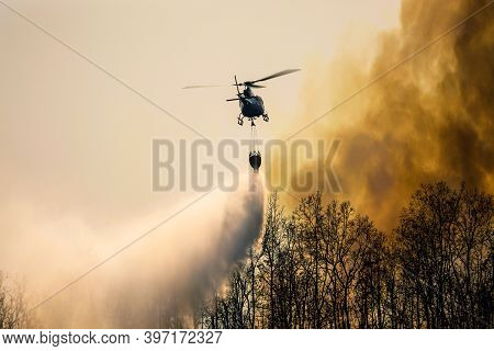 Firefithing Helicopter Dropping Water On Forest Fire