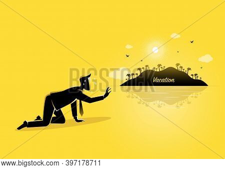 An Illustration Of An Exhausted Businessman Crawling To A Mirage Of A Vacation