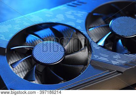 Computer Gaming Gpu Graphic Card With Fan Close-up Macro Shot.