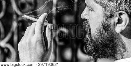 Smoking Male, Smoke Cigar. Smoking Man With Beard. Young Hipster Man Smokes. Black And White