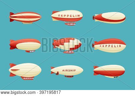 Airships Set. Retro Zeppelin With Red White Stripes Cabins For Passengers Elongated Huge Balloons Wi