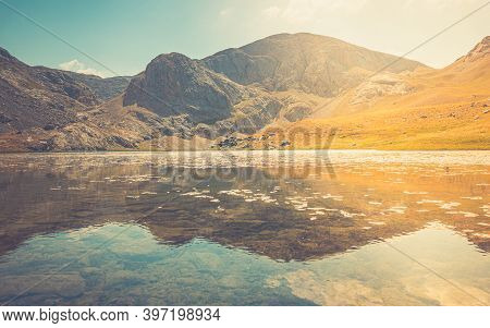 Amazing Mountain Lake Between Bolkar Mountain And Taurus Mountain. Panoramic View Of Black Lake. Nig