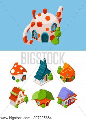 Fantasy Isometric Buildings. Fairytale Construction Medieval Cottage Vector Games Objects Isolated. 