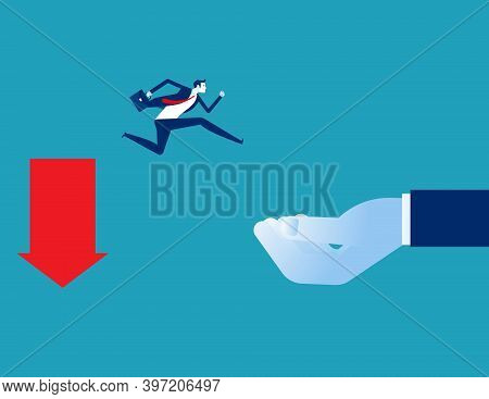 Huge Helping Hand Rescuing Business Person Falling From Downward Arrow