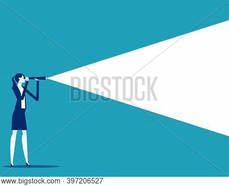 Businesswoman Using Telescope To Look Into The Distance. Business Vision Concept