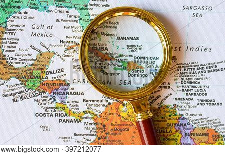 Lviv Ukraine-25 11 2020: Bahamas  Dominican Republic  And Other Countries On A Map In A Defocused Ma