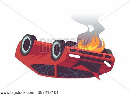 Damaged Flat Car. Auto Accident On Road, Burning Defective Transport Disaster Vehicle, Broken Window
