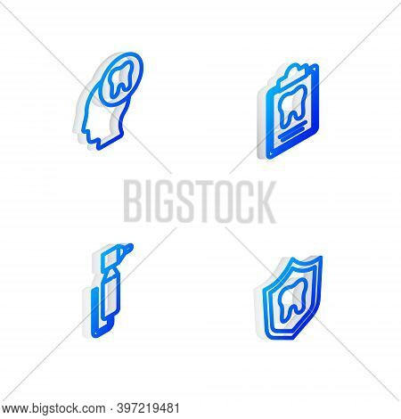 Set Isometric Line Dental Card, Human Head With Tooth, Tooth Drill And Protection Icon. Vector