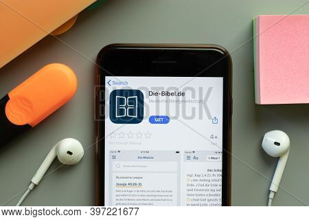 New York, Usa - 1 December 2020: Die-bibel.de Mobile App Icon On Phone Screen Top View, Illustrative