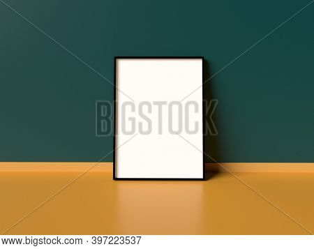 Vertical Poster Frame Mockup Against a Tidewater Green Wall. 3d render.