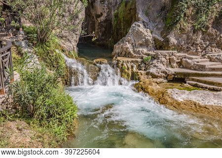 Park Of Waterfalls With Green Clean Water Ponds (toll Del Baladre, Las Fuentes Del Algar / Algar Fou