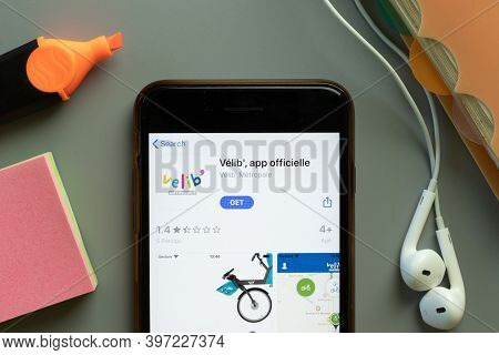 New York, Usa - 1 December 2020: Velib Mobile App Icon On Phone Screen Top View, Illustrative Editor