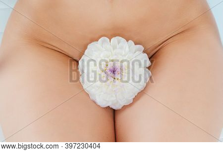 Concept picture for pubic hair removal, woman with flower