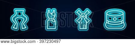 Set Line Frog Legs, Woman Dress, Windmill And Kepi. Glowing Neon Icon. Vector